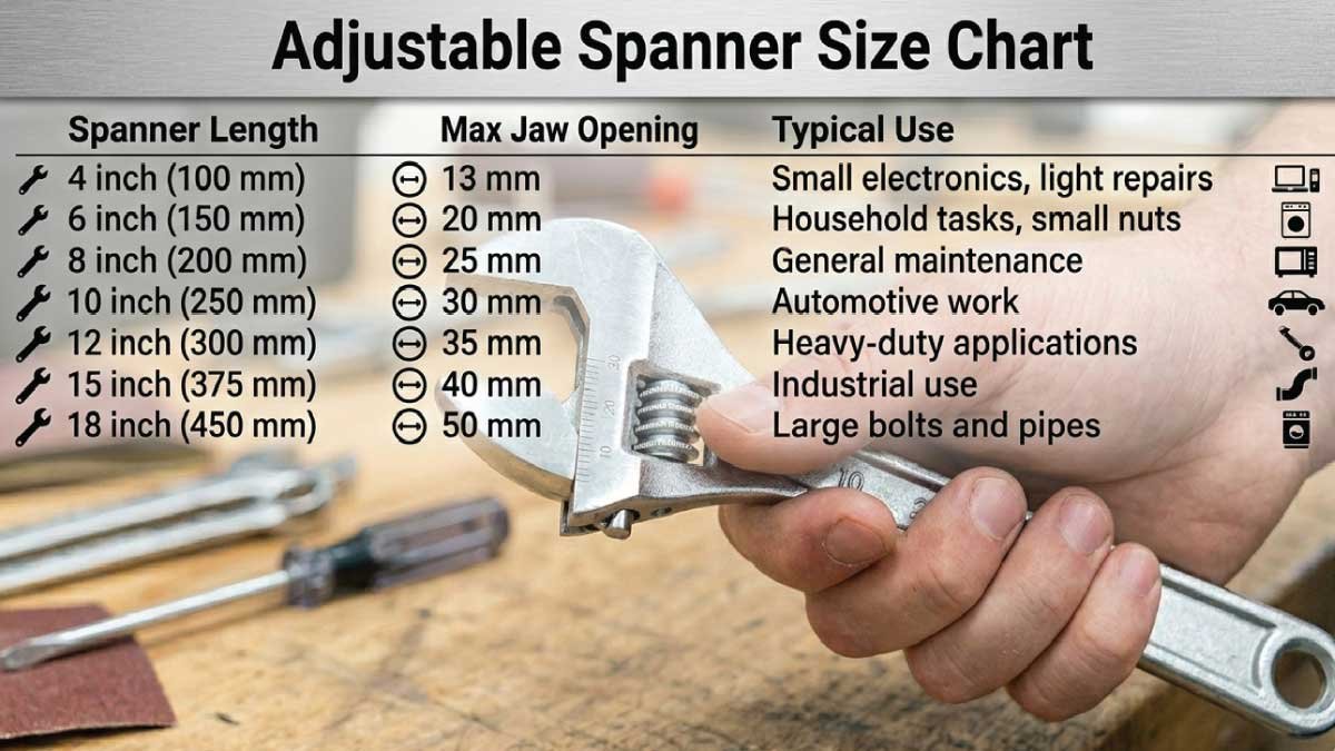 Adjustable Spanner Size Chart
