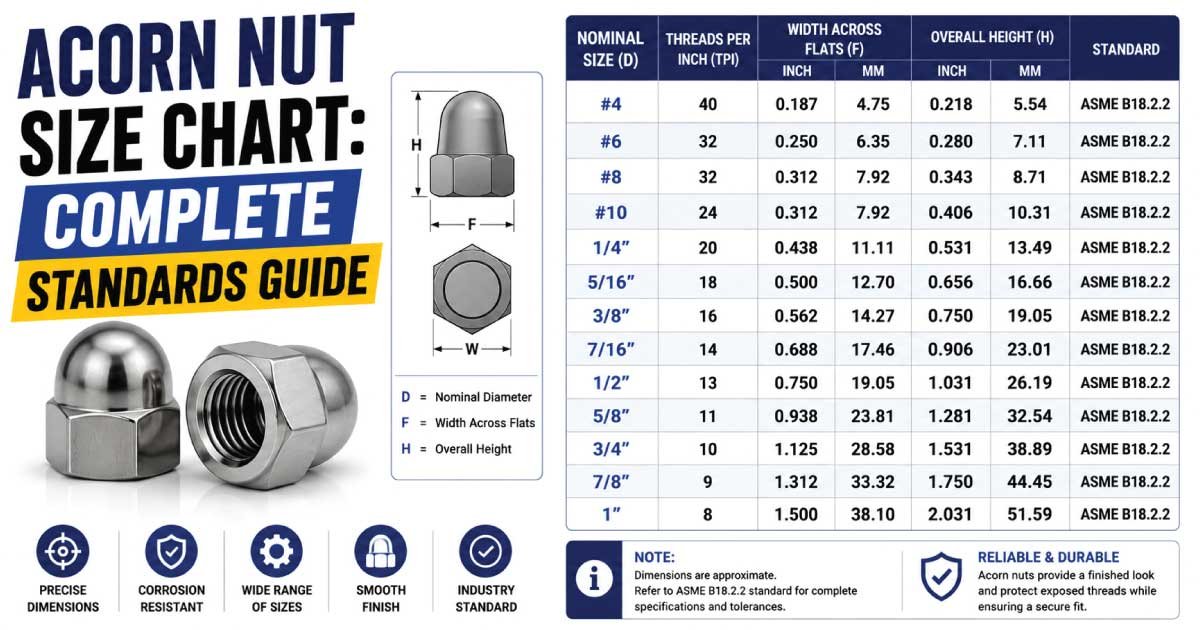 Complete acorn nut size chart for metric and SAE