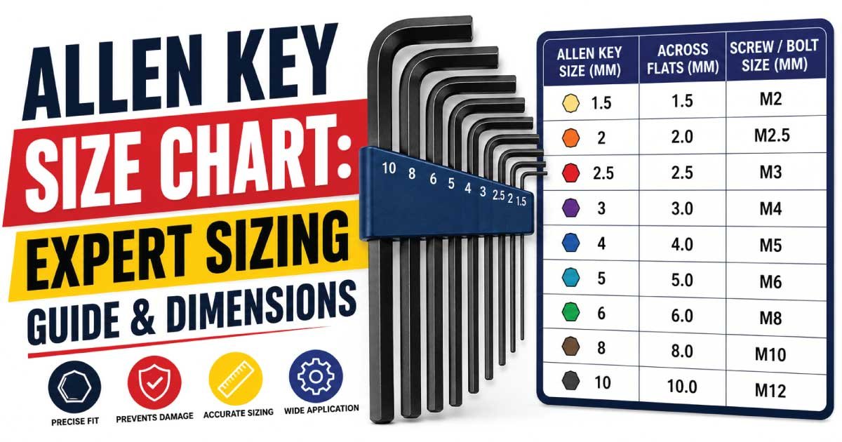 Allen Key Size Chart showing metric and SAE hex key sizes, standard dimensions, and hex wrench sizing guide for socket head screws, bolts, automotive, and industrial applications.