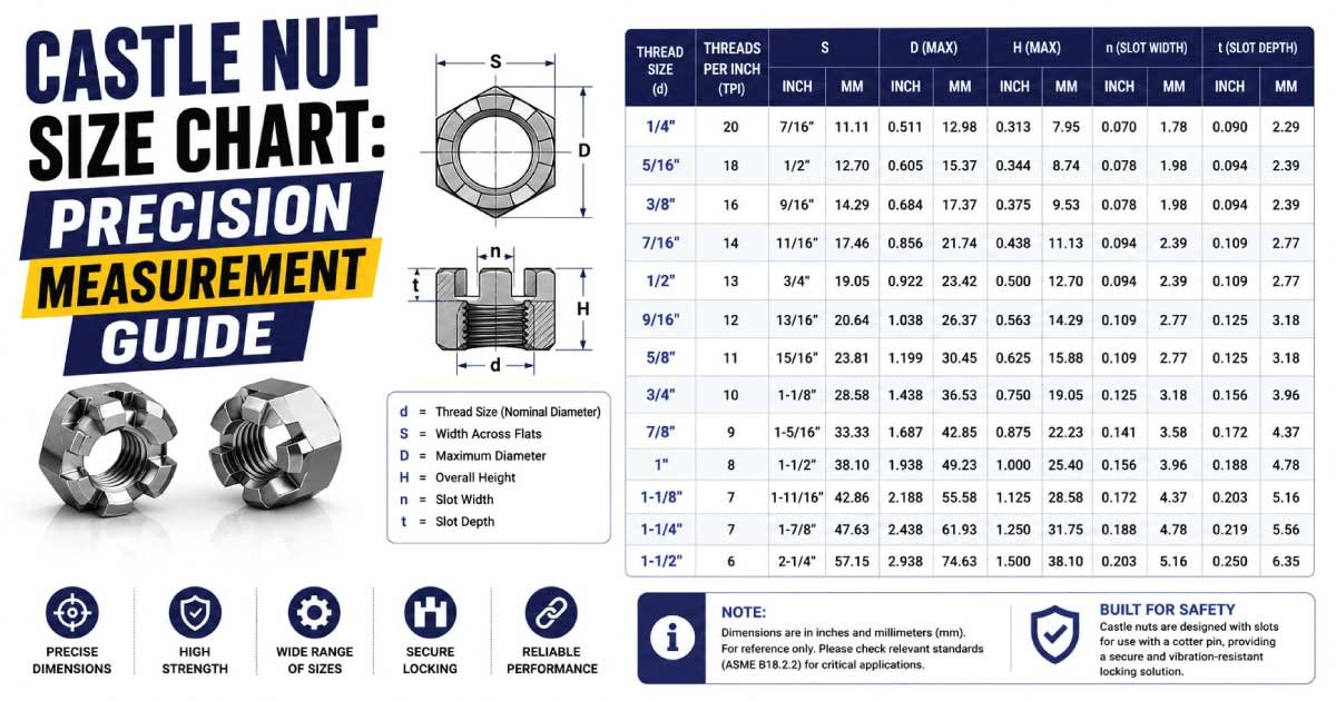 Castle Nut Size Chart showing standard nut dimensions and thread specifications
