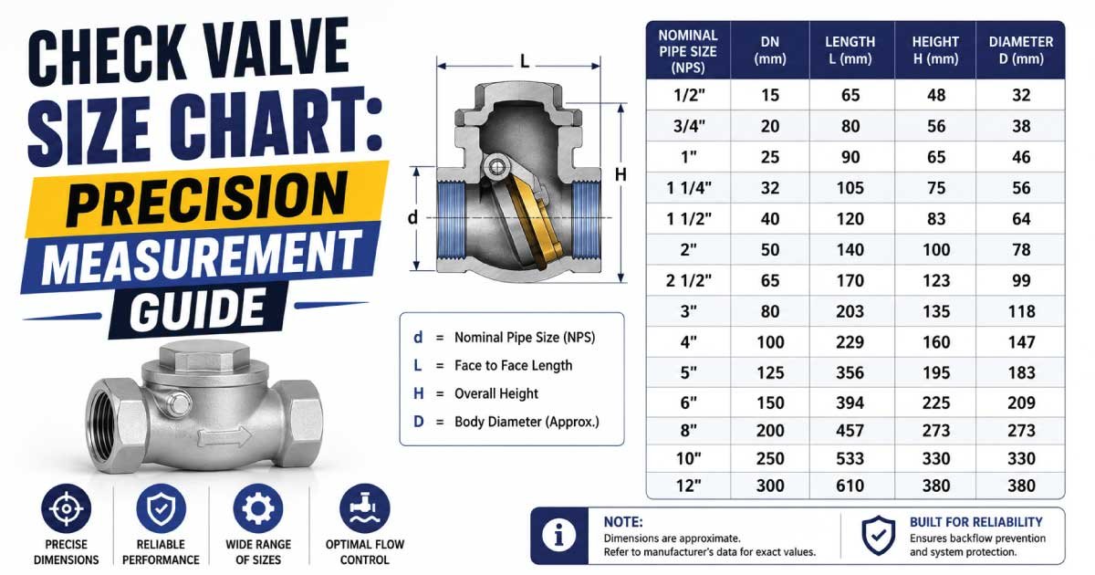 Check Valve Size Chart showing standard valve dimensions