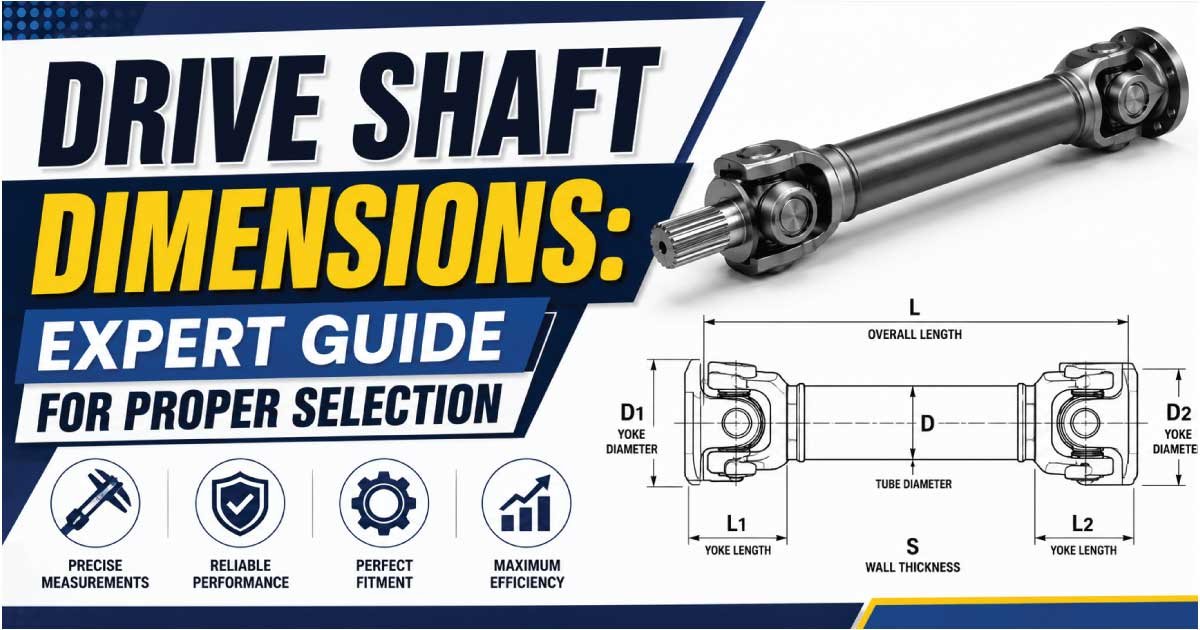 Drive Shaft Size Chart showing standard shaft diameter, length, spline count, and sizing guide for automotive, industrial machinery, power transmission systems, and driveline applications.