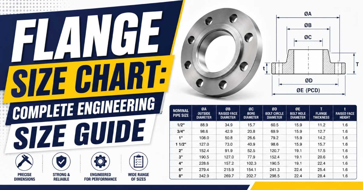 Flange Size Chart showing standard pipe flange dimensions, DN, NPS, bolt circle, bolt hole sizes, pressure classes, and sizing guide for industrial, plumbing, oil, gas, and piping system applications.