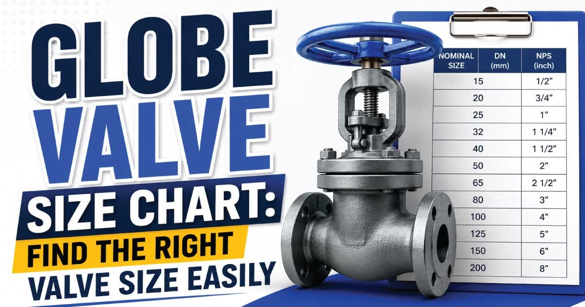 Globe Valve Size Chart showing standard valve dimensions, DN, NPS, and sizing guide for industrial and plumbing applications
