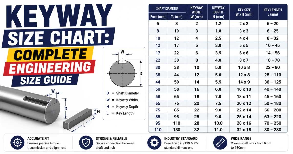 Keyway Size Chart showing standard key and keyway dimensions for shafts and hubs