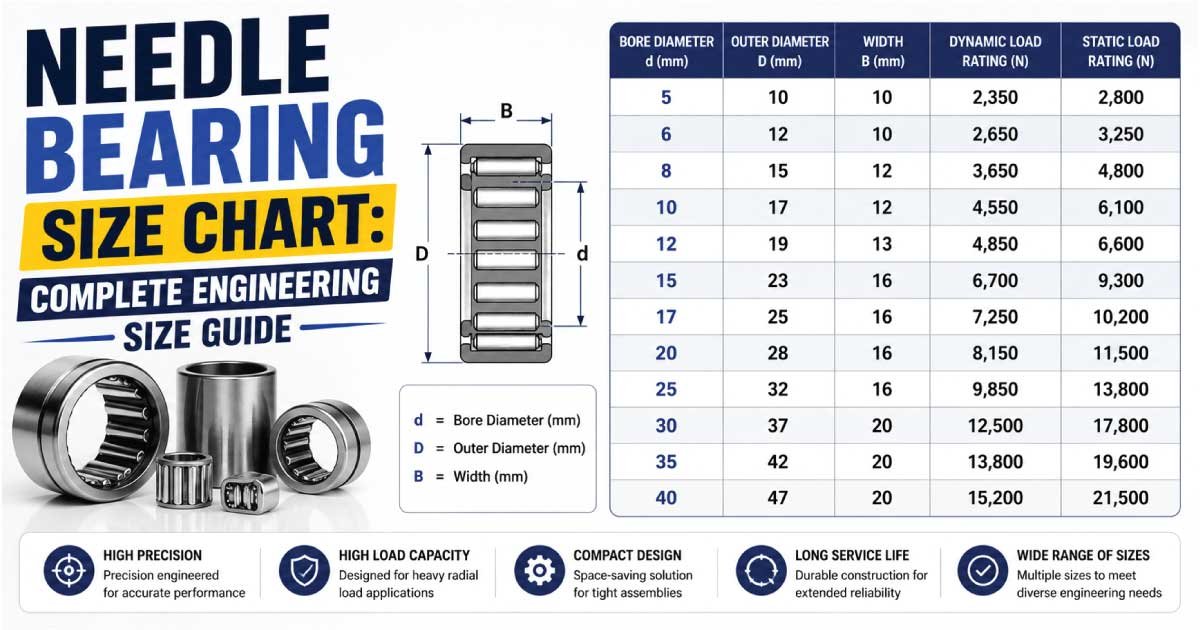 Needle Bearing Size Chart showing standard bore diameter, outer diameter (OD), width, and sizing guide for needle roller bearings used in automotive, industrial machinery, gearboxes, and precision mechanical applications.