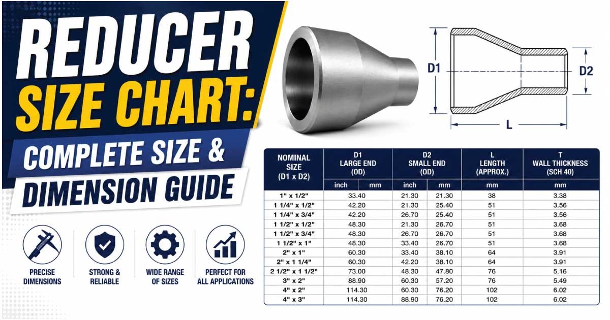 Reducer Size Chart showing standard pipe reducer dimensions and specifications