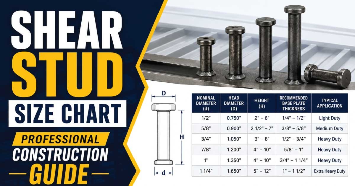 Shear Stud Size Chart showing standard stud dimensions, diameters, lengths, head sizes, and sizing guide for welded stud connectors used in structural steel, composite concrete slabs, bridges, buildings, and industrial construction.
