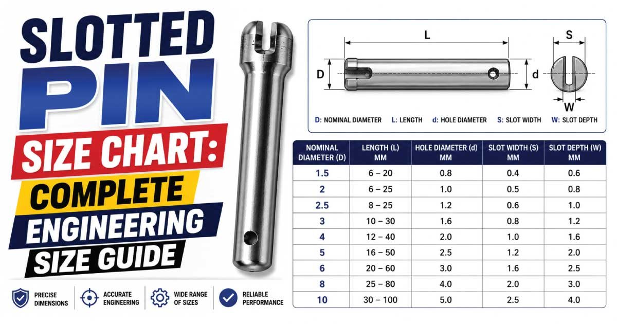 Slotted Pin Size Chart showing standard pin dimensions, diameters, lengths, and sizing guide for mechanical assemblies, shafts, hinges, machinery, and industrial fastening applications.