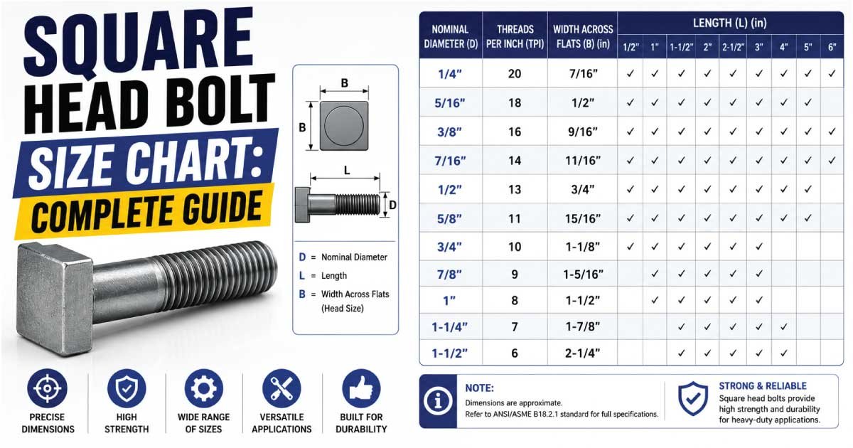 Square Head Bolt Size Chart showing standard bolt dimensions, thread sizes, head dimensions, lengths, and sizing guide for construction, machinery, industrial equipment, maintenance, and heavy-duty fastening applications.