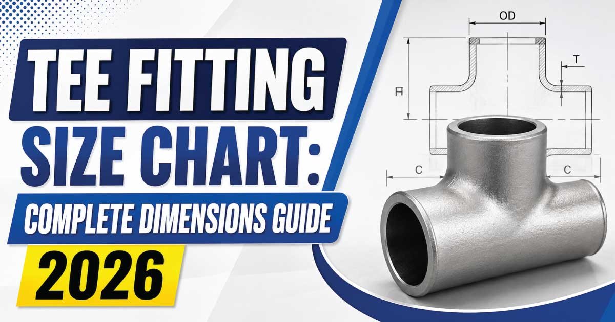 Tee fitting size chart with nominal pipe sizes, dimensions, and sizing guide