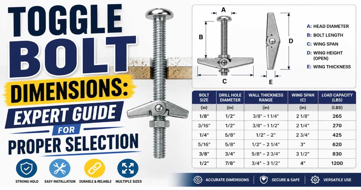 Toggle Bolt Size Chart showing standard anchor bolt dimensions, drill hole sizes, thread sizes, and sizing guide for drywall, plaster, hollow walls, and heavy-duty mounting applications.