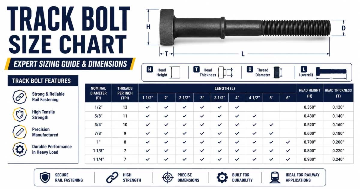 Track Bolt Size Chart showing standard bolt dimensions, thread sizes, head dimensions, lengths, and sizing guide