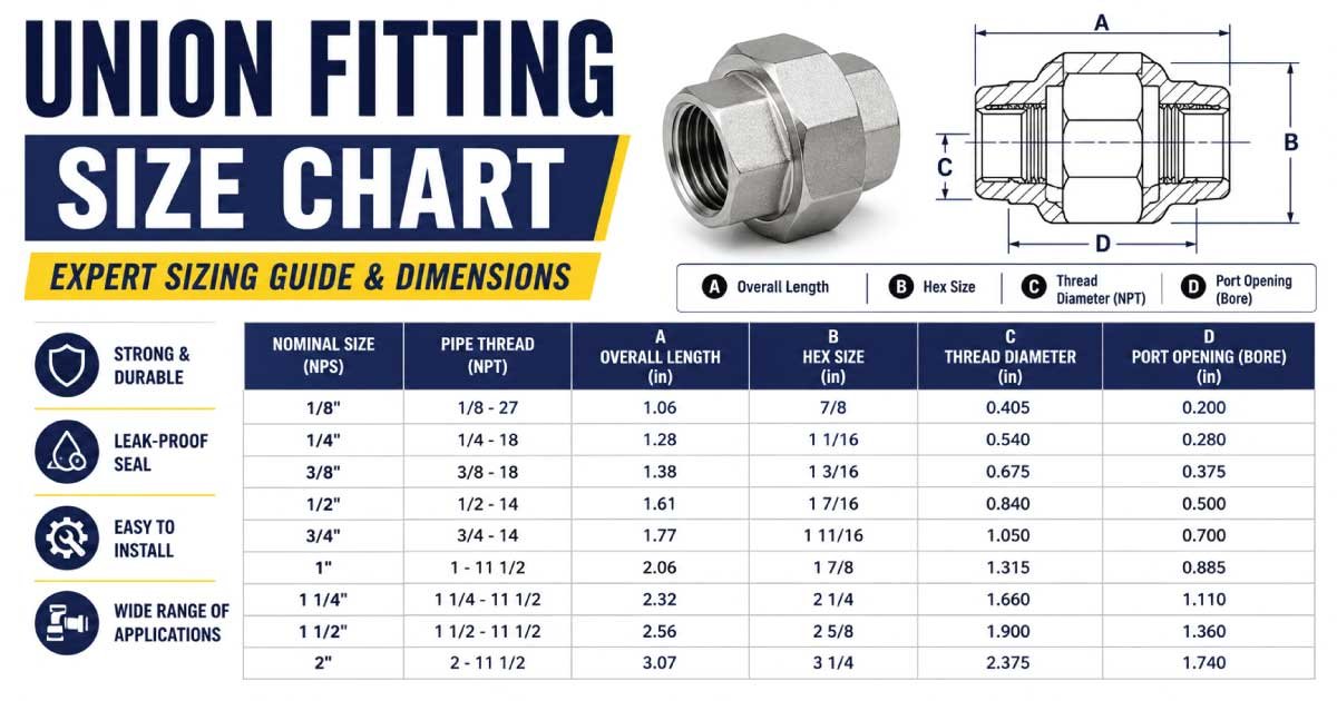 Standard union fitting size chart with thread dimensions and pipe size reference