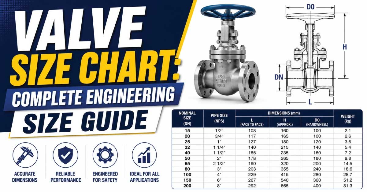 Valve Size Chart showing standard valve dimensions, DN, NPS, pressure classes, and sizing guide for gate, globe, ball, butterfly, and check valves used in industrial, plumbing, water, oil, gas, and piping systems.